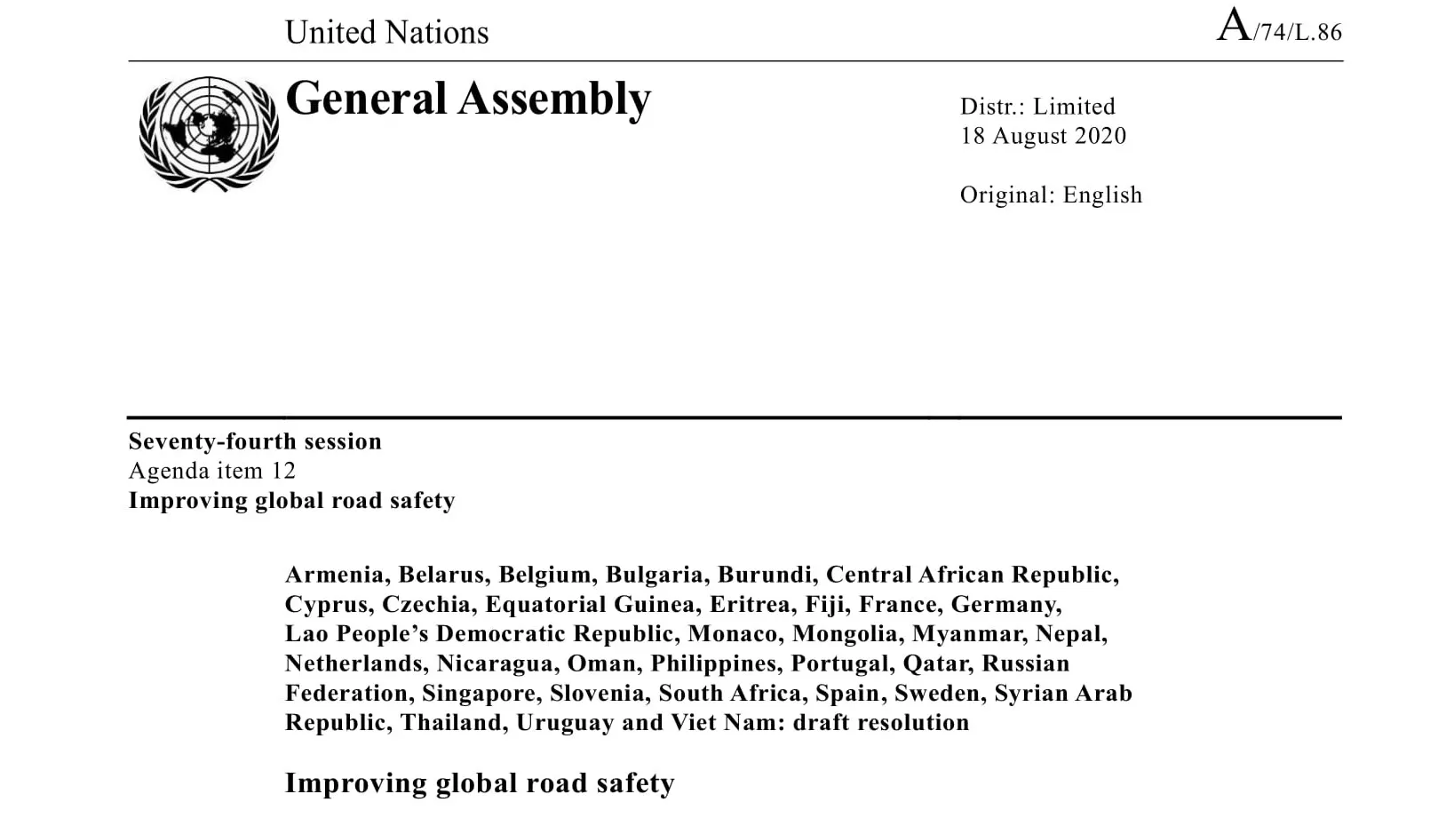 UN General Assembly Resolution on Road Safety - August 2020
