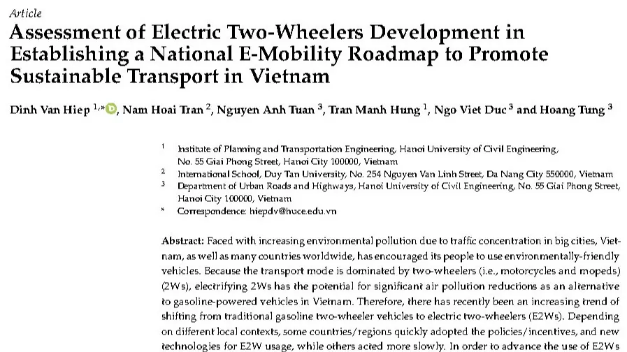 Assessment of Electric Two-Wheelers Development in Establishing a National E-Mobility Roadmap to Promote Sustainable Transport in Vietnam