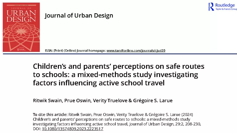 The proportion of children walking or riding to school is dwindling in Australia, while pedestrian injuries are among children’s leading causes of death. A mixed-methods survey was conducted on children and parents of two schools in Australia to understand travel behaviours and attitudes towards active transport to school (ATS). Results showed that road safety perceptions predicted ATS, unlike distance to school and stranger danger. The design of the routes to school was found to be crucial in facilitating 