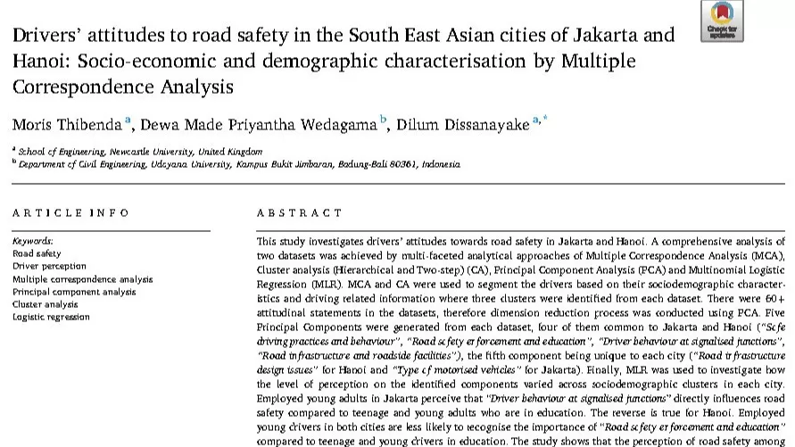Drivers attitudes to road safety in the South East Asian cities of Jakarta and Hanoi- Socio-economic and demographic characterisation by Multiple Correspondence Analysis