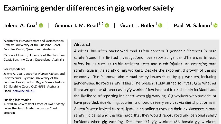 Examining gender differences in gig worker safety