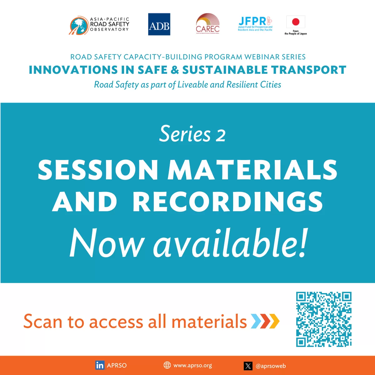 text: Series 2 materials and recordings now available; Image: QR code to the insights page where materials and recordings are linked