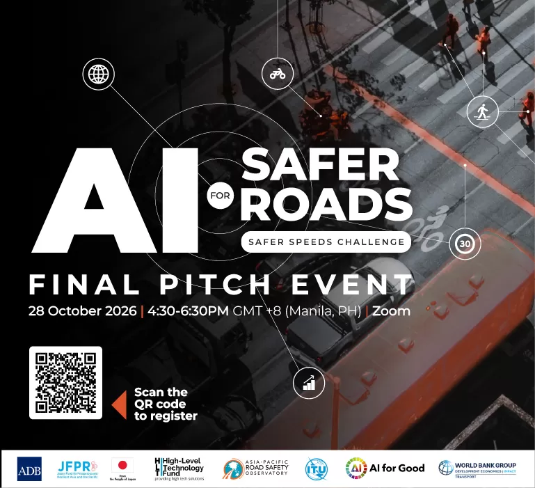 Photo showing the Ai for Safer Roads Safer Speeds Challenge Final Pitch Event details on 28 October 2026 with a QR code for event registration